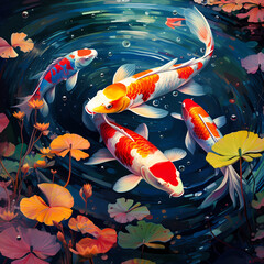Colorful koi fish swimming in a digital pond.
