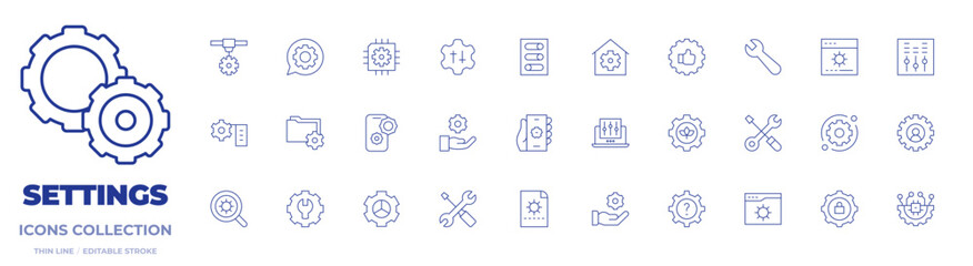 Settings icons collection. Thin Line icons, editable stroke. settings, setting, chip, gear, recommendation, device, tools