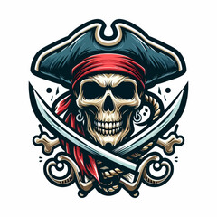 Fototapeta premium Vector pirate skull emblem in a black mascot design style on a transparent, isolated clipart background in vector format, perfect for branding, adventure, and pirate-themed projects.