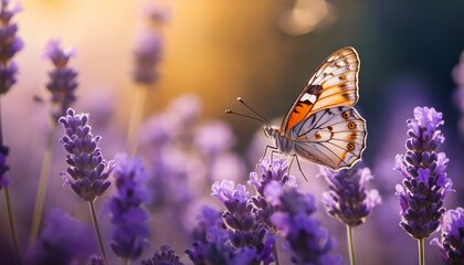 Obraz premium A delicate butterfly perched on a lavender flower, captured in intricate detail, with soft, natural lighting highlighting the vibrant colors of the butterfly and the calming lavender petals. 