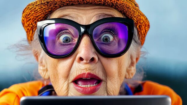 An older woman with purple glasses and a yellow hat is looking at a tablet. She is surprised or excited about something on the screen