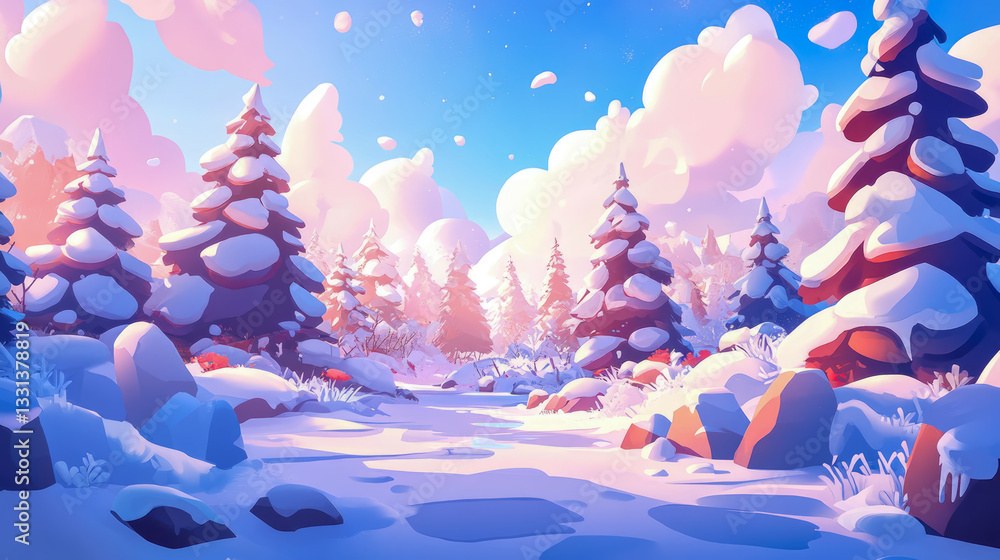 Poster concept: winter scene with snowy trees and a frozen river under a bright sky. purpose: decoration, p