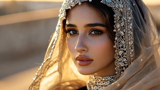 pretty Indian woman wearing ornate head cover scarf decorated with diamond , at outdoor sunlight 