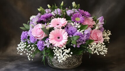 Fototapeta premium Elegant floral arrangement with pink roses, purple gerberas, and lush greenery in vintage silver-tone vase showcasing beauty and freshness