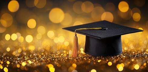 Black graduation cap featuring gold tassel resting on shimmering golden glitter surface, symbolizing academic achievement