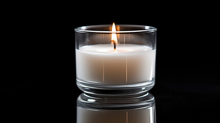 Burning White Candle in Glass Jar Dark Background