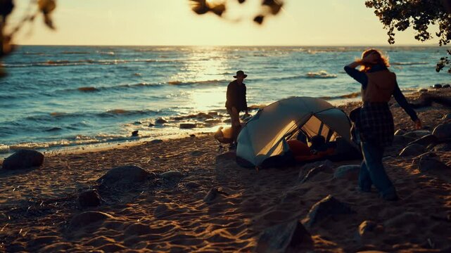 Happy man relaxing on sea beach alone, admire sunset above water, local tourism. Backpacking and camping on coastline, relishing silence and calmness, meditation and contemplation, camping on beach