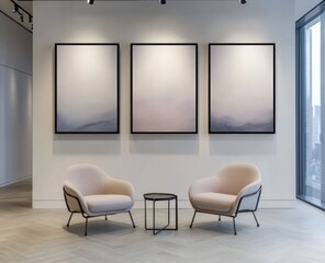 Modern waiting area with pastel artwork and armchairs.