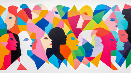 Diversity Faces: An abstract mosaic of geometric head profiles, vibrant hues and human connection. Artwork for social media post or gallery print.