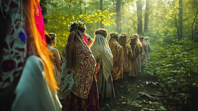 In a serene grove, a procession of women dressed in traditional attire walks through lush greenery, adorned with floral crowns.