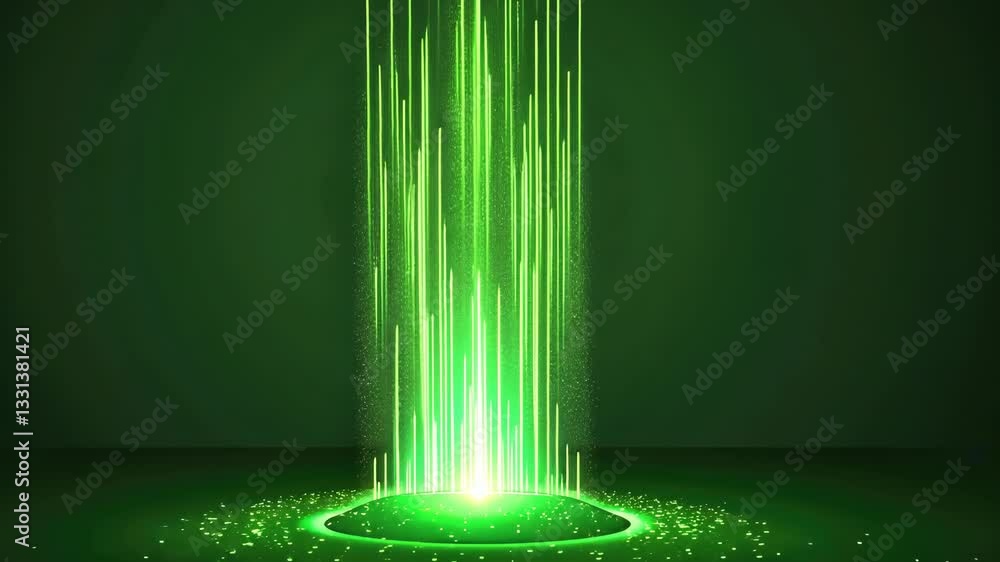 Poster vibrant green light beam emanates from circular base with glowing particles, creating futuristic and