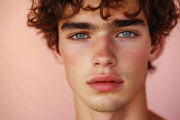 Fototapeta premium Portrait of a beautiful young man with curly brown hair
