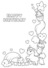 Background with unicorn. Happy birthday party invitation.