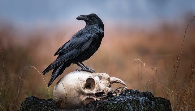 Dramatic high-contrast photo featuring a black raven perched on a weathered human skull, evoking a sense of mystery and the macabre