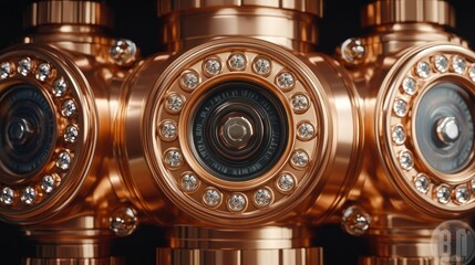 Ornate, copper, multifaceted, technological device with embedded jewels