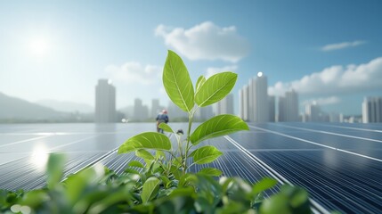 Green Plant Growing in Urban Environment Among Solar Panels