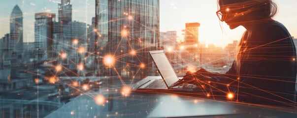 Silhouette of a person working with technology on a city rooftop