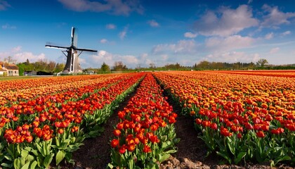A field of vibrant red and orange tulips in full bloom, with a traditional windmill in the background, evoking a classic Dutch springtime scene.
