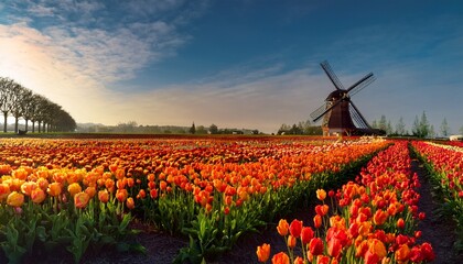 A field of vibrant red and orange tulips in full bloom, with a traditional windmill in the background, evoking a classic Dutch springtime scene.
