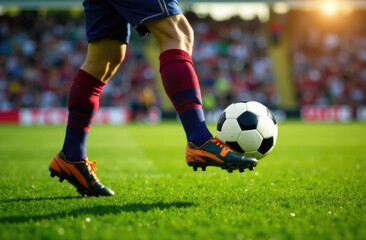 Football player kicks the ball on the football field, close-up. Football match, championship