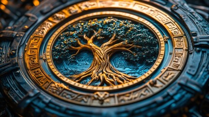Obraz premium Detailed circular emblem, intricate tree of life design