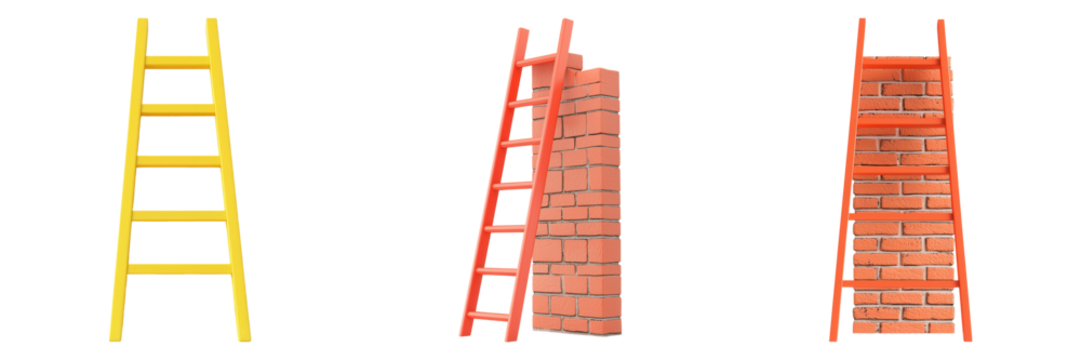 vibrant ladder in yellow and red leaning against brick wall, showcasing creativity and design