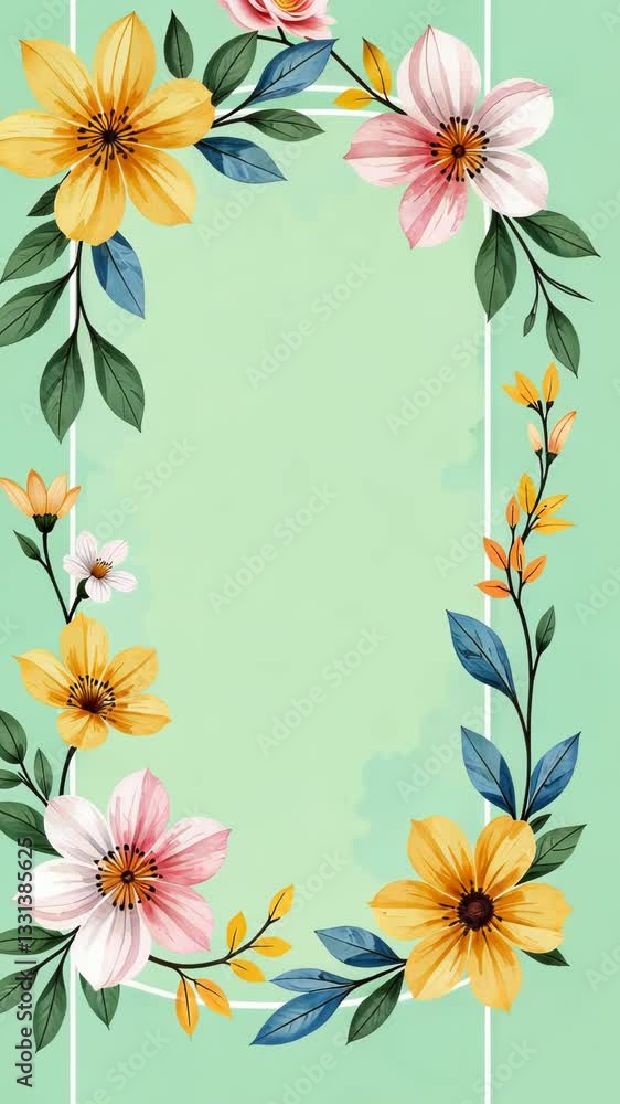 Poster a green background with a white frame. the frame has a yellow border and a pink border. there are fl