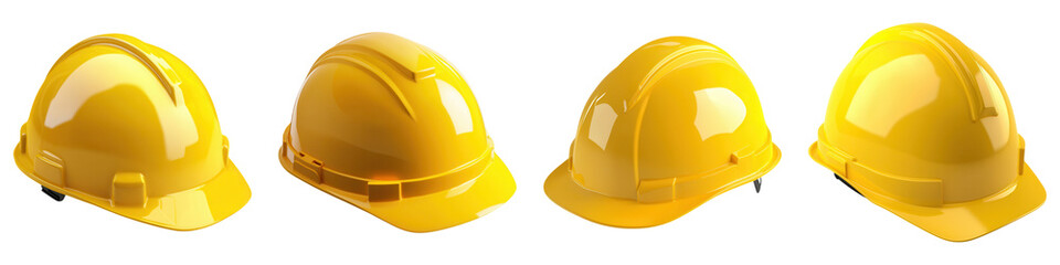 Fototapeta premium Shiny yellow construction helmets in various angles, perfect for safety