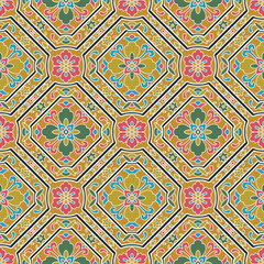 Japanese Colorful Flower Diamond Vector Seamless Pattern
