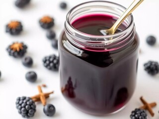 Homemade blackberry jam in a glass jar with berries and spices on a white surface