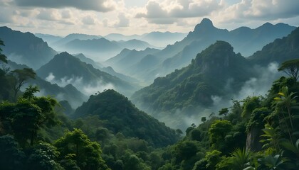 Naklejka premium Enchanted Wilderness: Stunning Jungle Landscape Wallpaper with Lush Greenery, Misty Mountains, and Breathtaking Views