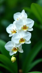 Obraz premium Close-up of tropical orchid white set with lush green foliage, white, close-up, lush
