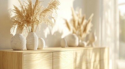 Fototapeta premium Sunlit wooden sideboard with pampas grass in textured vases.