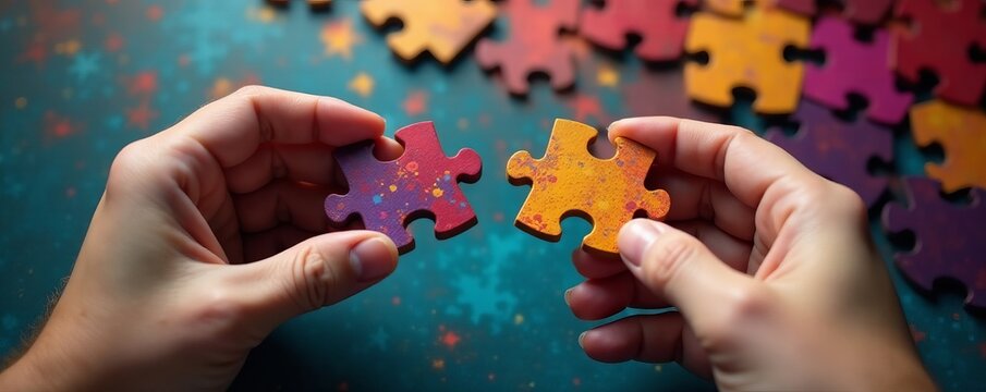 Close-up of two hands holding puzzle pieces fitting together, concept, teamwork, unity