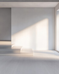 Obraz premium Bright natural light floods modern minimalist interior with soft shadows during daytime