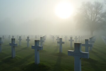 A foggy morning over a vast military cemetery, creating a solemn atmosphere. 