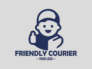 delivery courier carries a package box with a friendly face logo vector, friendly and professional delivery man uniform holds a package with a cheerful smile illustration logo vector