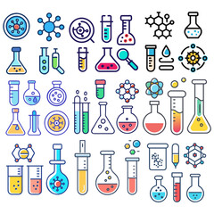 Chemical test tube pictogram icons set. Chemical lab equipment isolated on white. Experiment flasks for science experiment. Chemical Test Tubes Icons Set. Vector. Test tubes filled colorful liquids. 