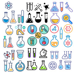 Chemical test tube pictogram icons set. Chemical lab equipment isolated on white. Experiment flasks for science experiment. Chemical Test Tubes Icons Set. Vector. Test tubes filled colorful liquids. 