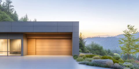 Fototapeta premium Modern architecture blends with serene nature in a mountain retreat at dawn