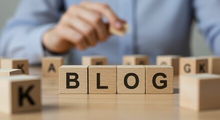Word blog on wooden blocks with person playing board game in background