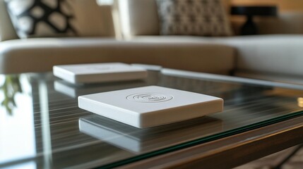 Two wireless chargers rest on a glass coffee table in a modern living room.