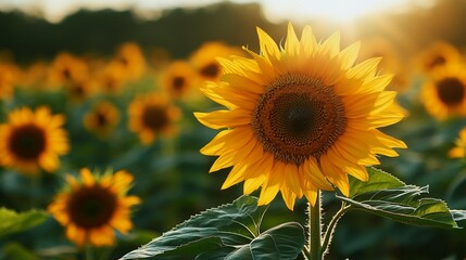 Fototapeta premium Vibrant sunflowers illuminated by warm sunset light in a vast field.