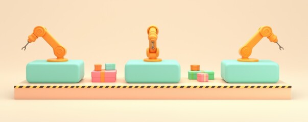 3d robotic arms engaging in automated production industrial setting digital art clean aesthetic perspective of innovation