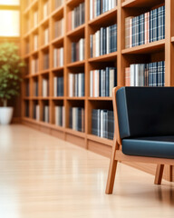 Cozy reading nook in a modern library with wooden shelves and a comfortable chair
