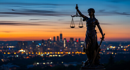 Obraz premium holding scales aloft and a sword at her side, symbolizing law and order bronze statue of Lady Justice stands silhouetted against a dramatic cityscape at dusk,