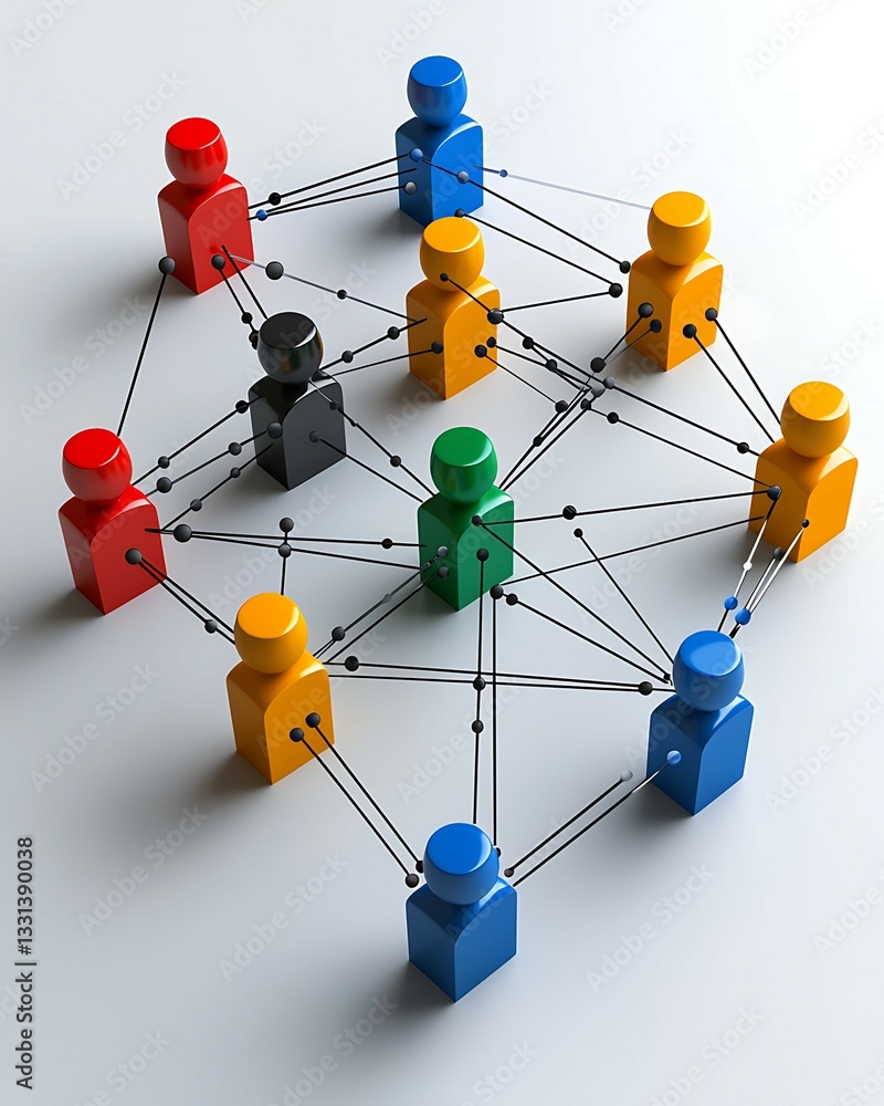 Poster colorful figures connected by lines represent a network or community, illustrating relationships and