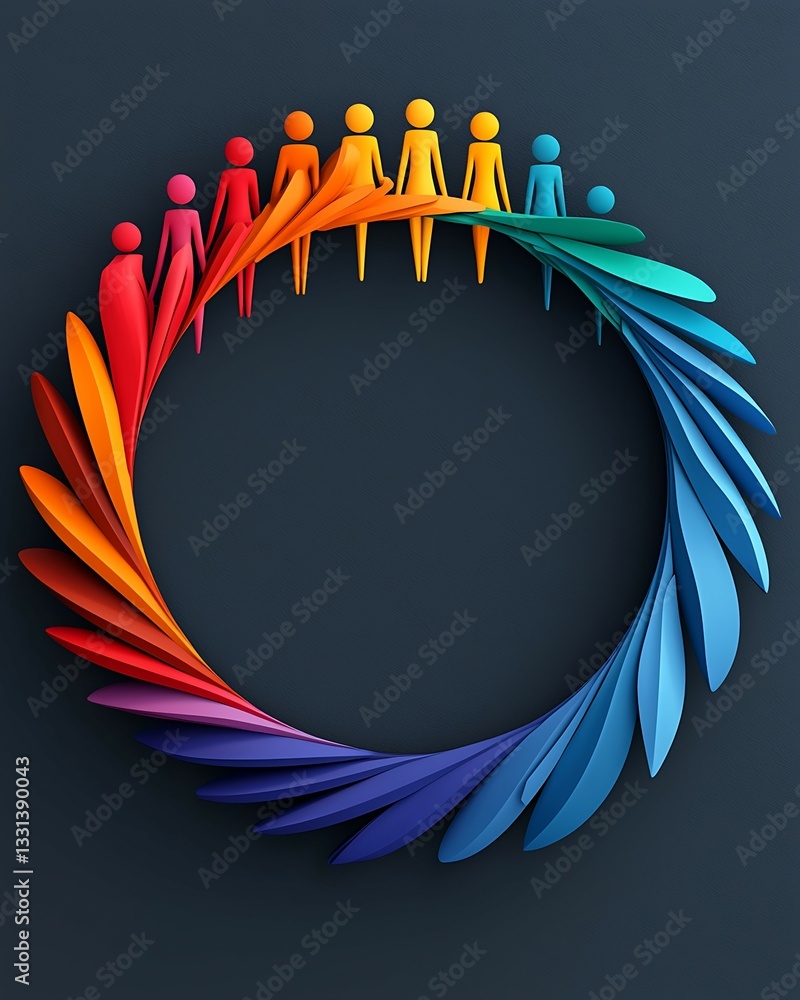 Aufkleber colorful figures arranged in a circular pattern, symbolizing unity and diversity, surrounded by styl