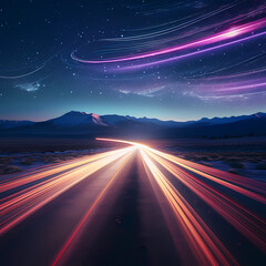 Interstellar highway with light trails.