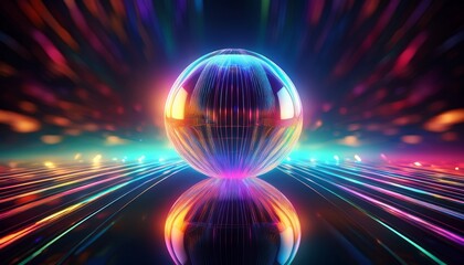 Obraz premium Sleek and modern digital art depicting a glowing sphere floating above a mirrored surface, showcasing a beautiful reflection of a spectrum of colors